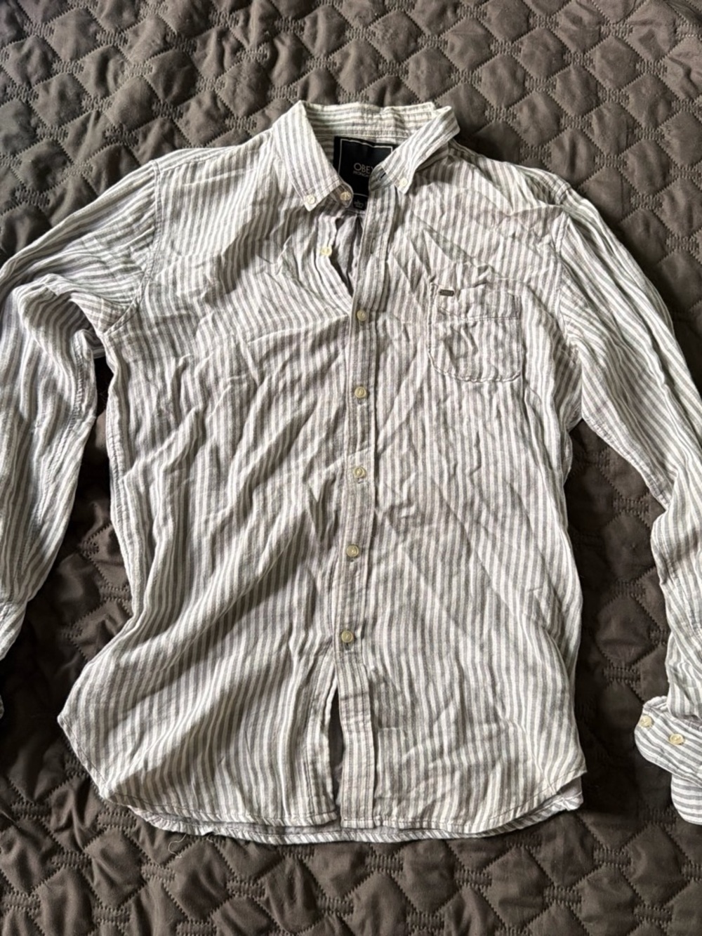 Obey Vertical Stripe Button-Down Shirt in White and Light Gray